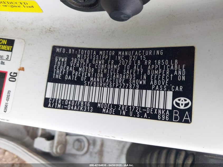 2015 TOYOTA COROLLA VIN: 5YFBURHE6FP277879