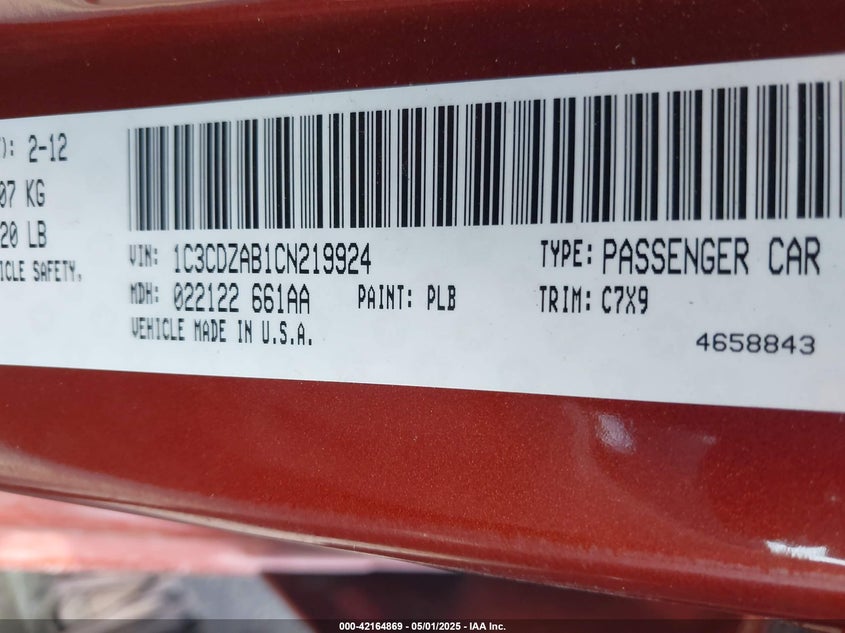 2012 DODGE AVENGER VIN: 1C3CDZAB1CN219924