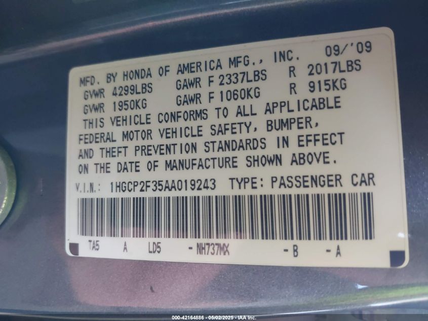 2010 Honda Accord 2.4 Lx VIN: 1HGCP2F35AA519243 Lot: 42164886