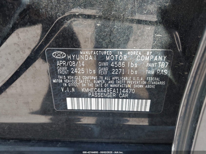 2014 Hyundai Sonata Hybrid VIN: KMHEC4A49EA114470 Lot: 42164893