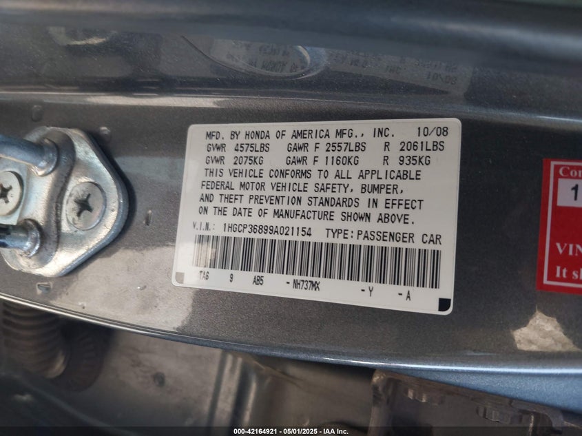 2009 HONDA ACCORD VIN: 1HGCP36899A021154