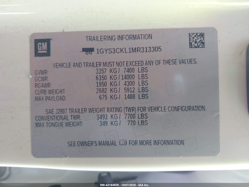 2021 Cadillac Escalade 2Wd Premium Luxury VIN: 1GYS3CKL1MR313305 Lot: 42164929