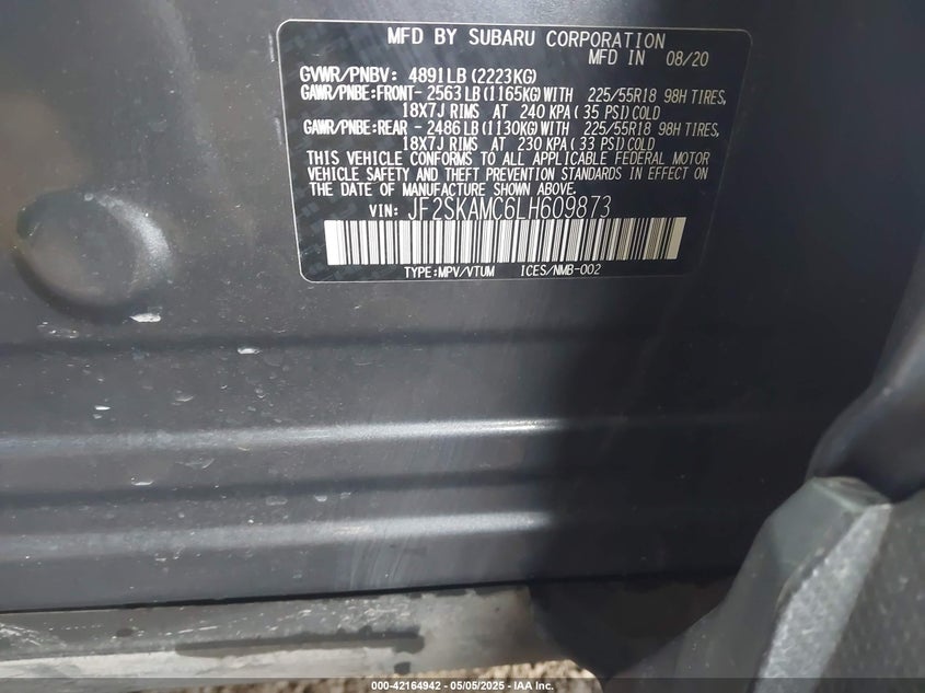 2020 SUBARU FORESTER VIN: JF2SKAMC6LH609873