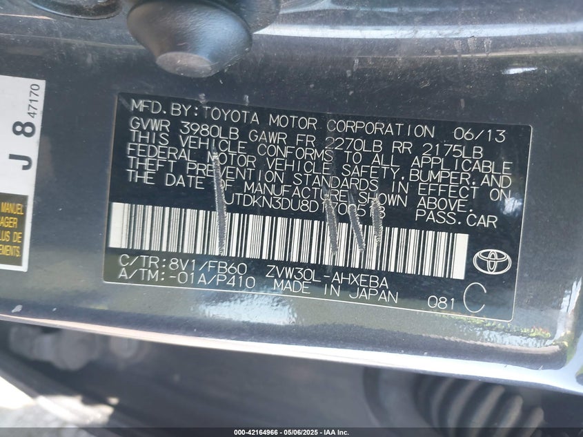 2013 TOYOTA PRIUS VIN: JTDKN3DU8D1700518