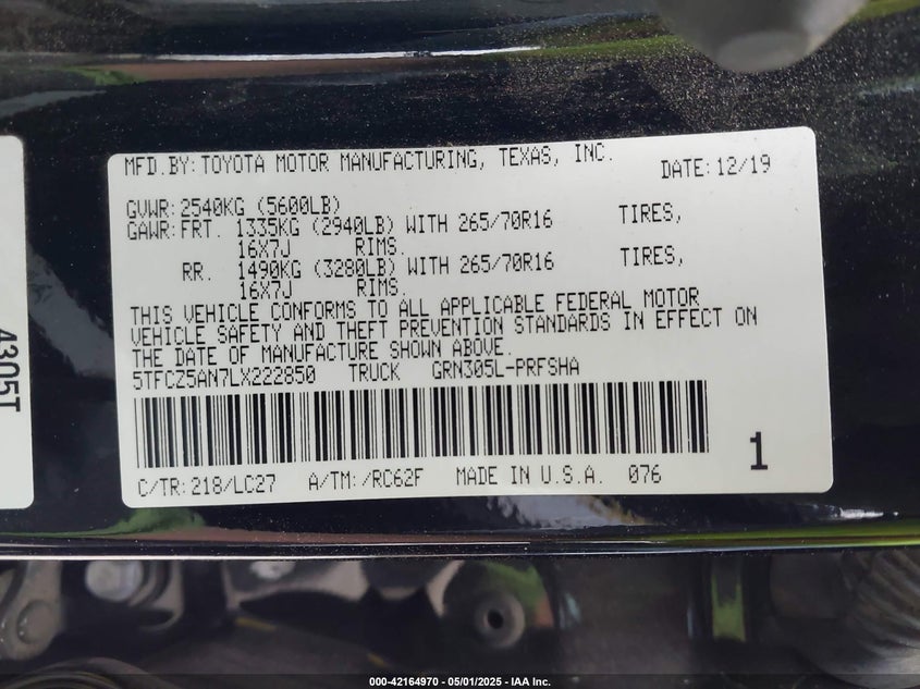 2020 TOYOTA TACOMA VIN: 5TFCZ5AN7LX222850