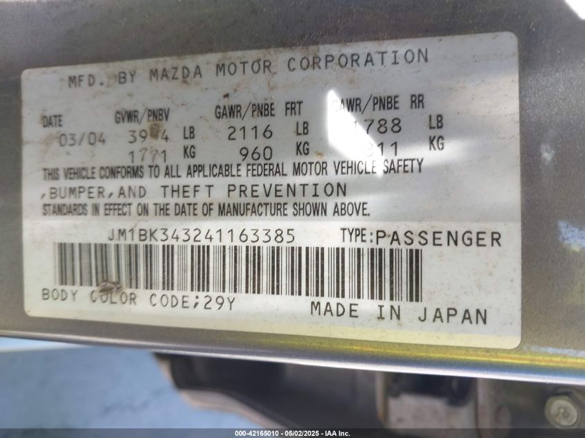 2004 Mazda Mazda3 S VIN: JM1BK343241163385 Lot: 42165010