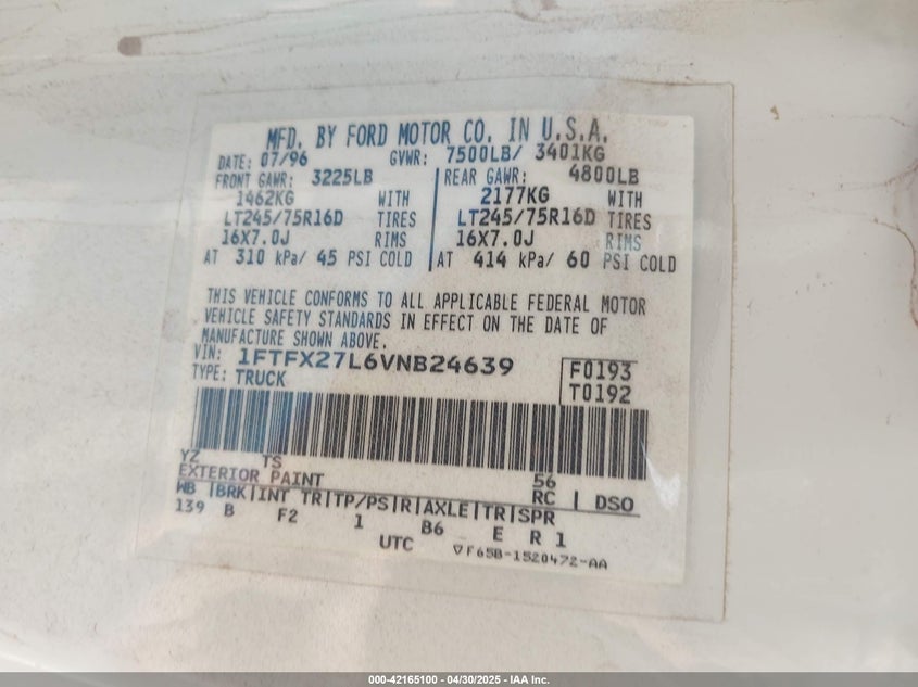 1997 Ford F-250 Lariat/Standard/Xl/Xlt VIN: 1FTFX27L6VNB24639 Lot: 42165100