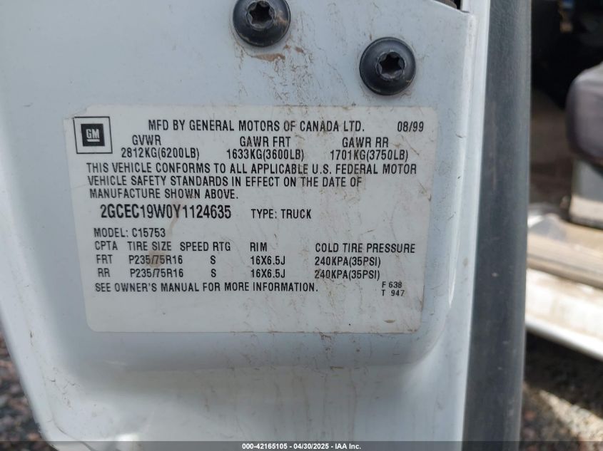 2000 Chevrolet Silverado 1500 VIN: 2GCEC19W0Y1124635 Lot: 42165105