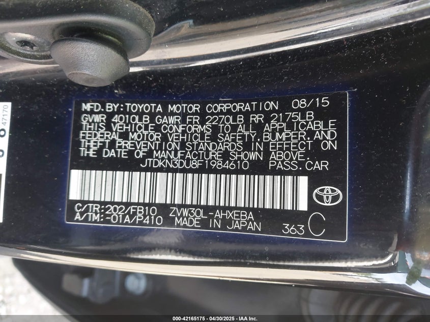 2015 TOYOTA PRIUS VIN: JTDKN3DU8F1984610