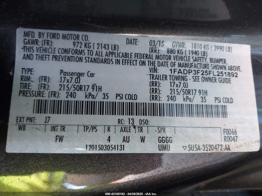 2015 FORD FOCUS VIN: 1FADP3F25FL251892