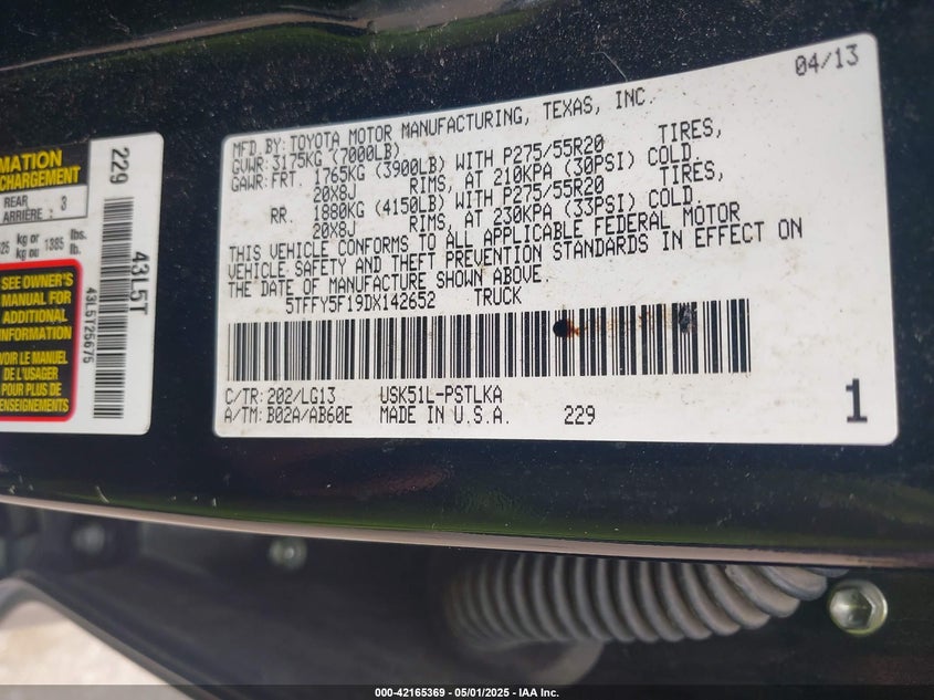 2013 TOYOTA TUNDRA VIN: 5TFFY5F19DX142652