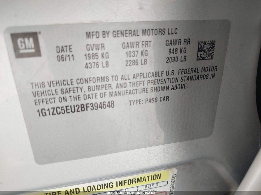 2011 CHEVROLET MALIBU VIN: 1G1ZC5EU2BF394648