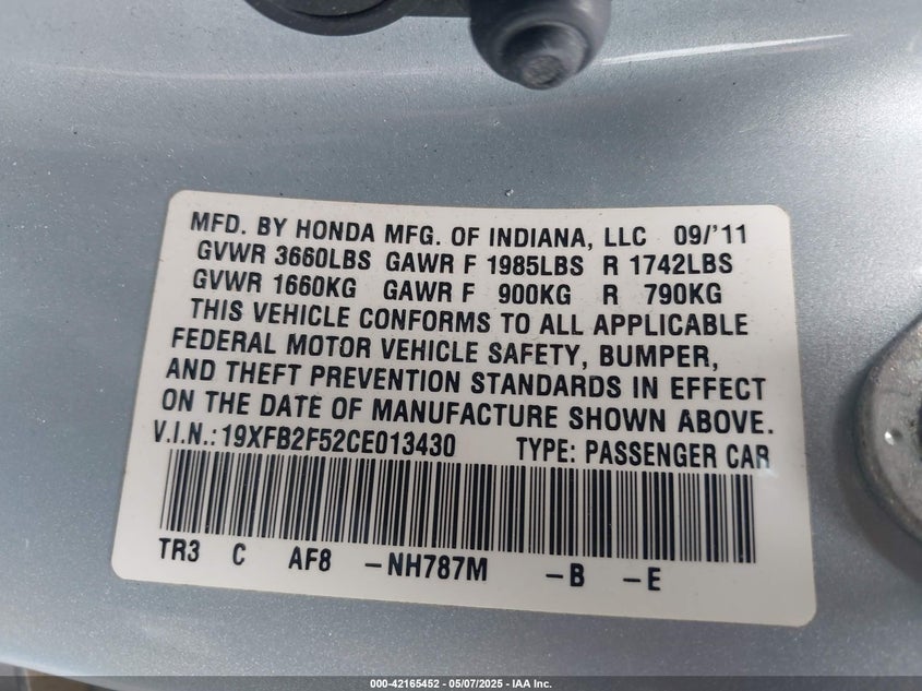 2012 HONDA CIVIC VIN: 19XFB2F52CE013430