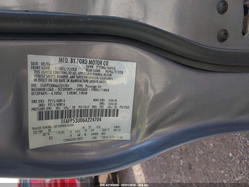 2006 FORD TAURUS VIN: 1FAFP53U06A224704