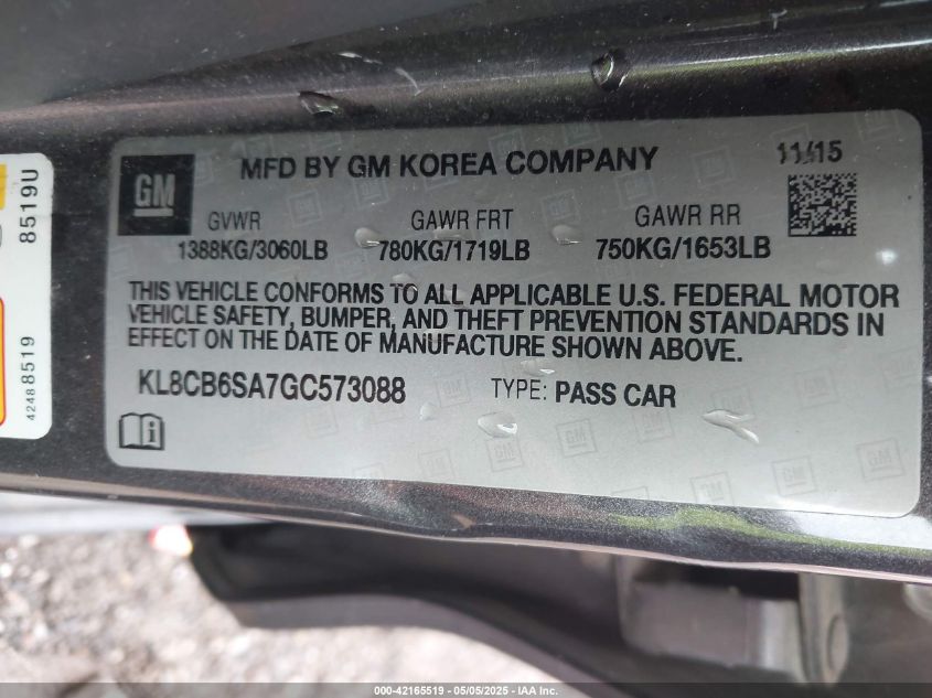 2016 Chevrolet Spark Ls Cvt VIN: KL8CB6SA7GC573088 Lot: 42165519