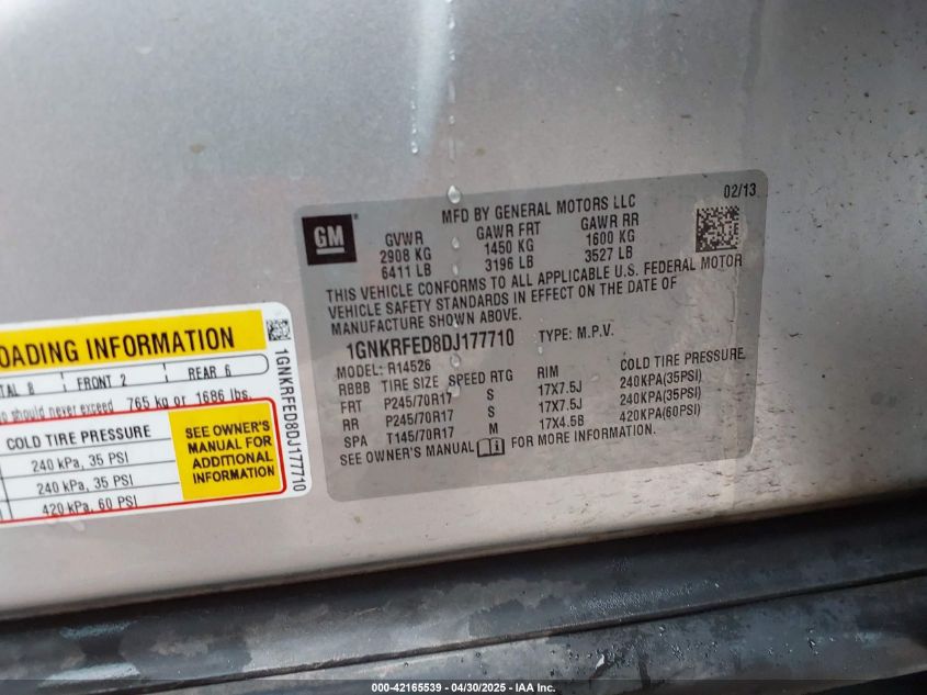 2013 Chevrolet Traverse Ls VIN: 1GNKRFED8DJ177710 Lot: 42165539