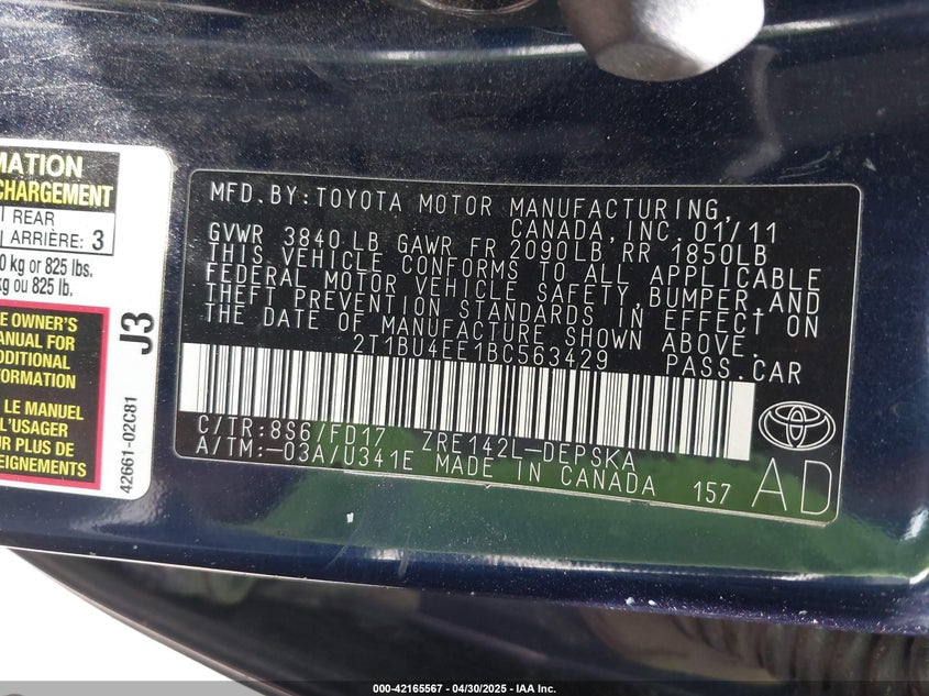 2011 TOYOTA COROLLA VIN: 2T1BU4EE1BC563429