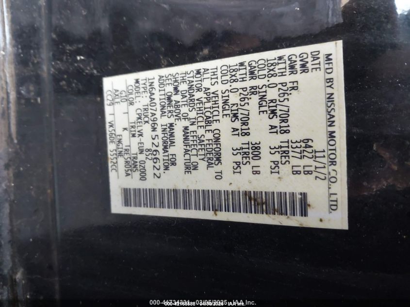 2006 Nissan Titan Le VIN: 1N6AA07A96N526622 Lot: 42165588