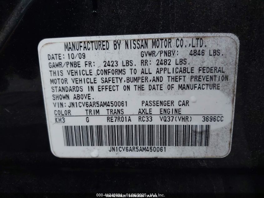 2010 Infiniti G37X VIN: JN1CV6AR5AM450061 Lot: 42165628