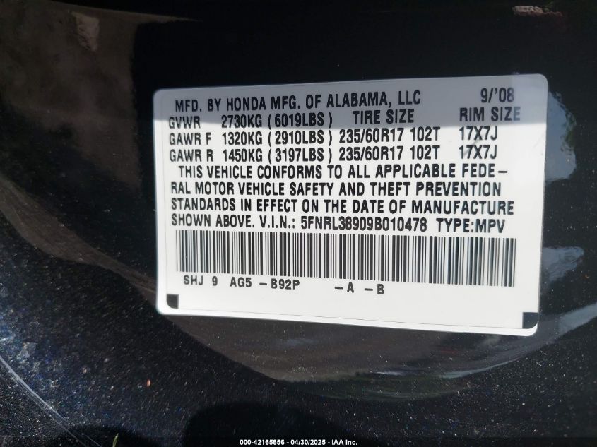 2009 Honda Odyssey Touring VIN: 5FNRL38909B010478 Lot: 42165656