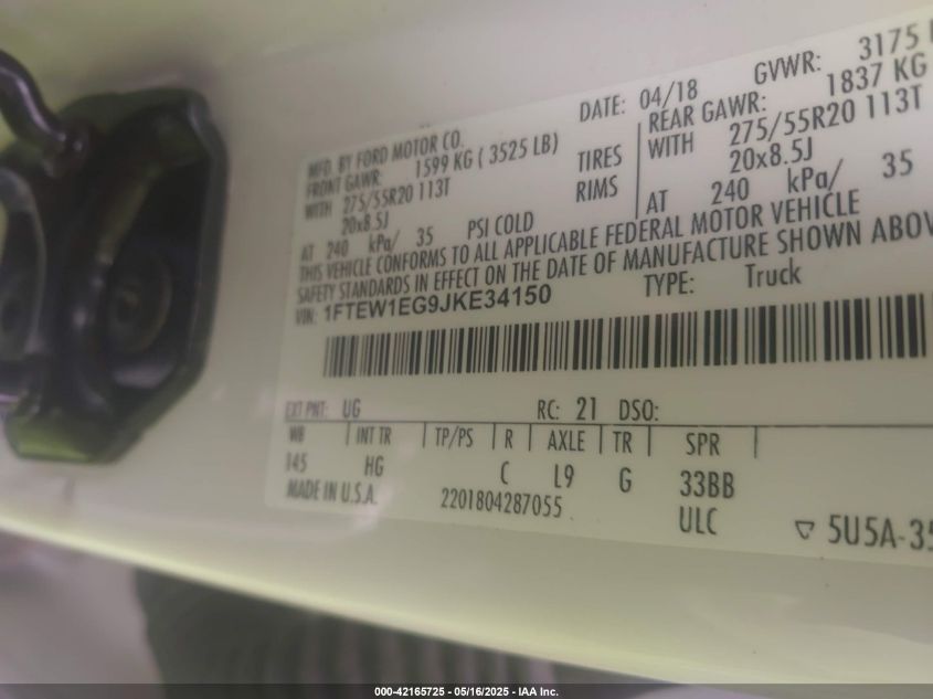 2018 Ford F-150 Lariat VIN: 1FTEW1EG9JKE34150 Lot: 42165725