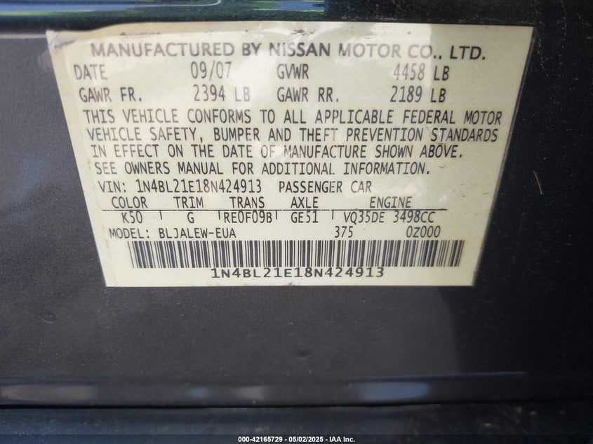 2008 NISSAN ALTIMA VIN: 1N4BL21E18N424913