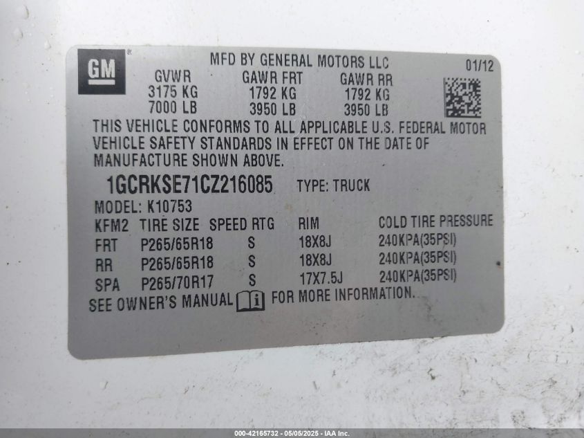 2012 Chevrolet Silverado 1500 Lt VIN: 1GCRKSE71CZ216085 Lot: 42165732