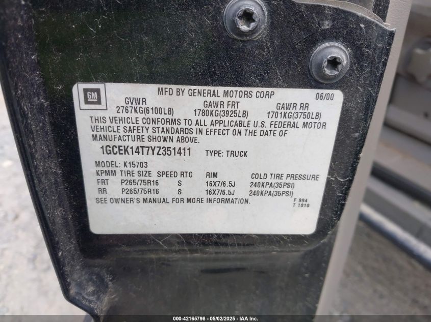 2000 Chevrolet Silverado 1500 Ls VIN: 1GCEK14T7YZ351411 Lot: 42165798