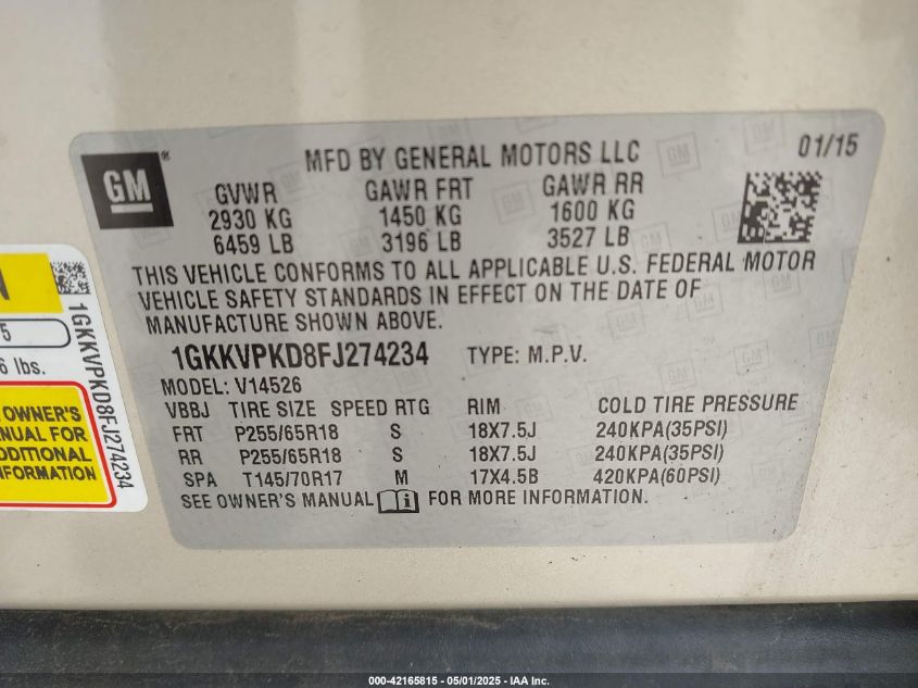 2015 GMC Acadia Sle-2 VIN: 1GKKVPKD8FJ274234 Lot: 42165815