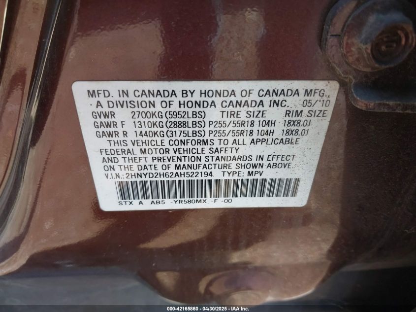 2010 Acura Mdx Technology Package VIN: 2HNYD2H62AH522194 Lot: 42165860