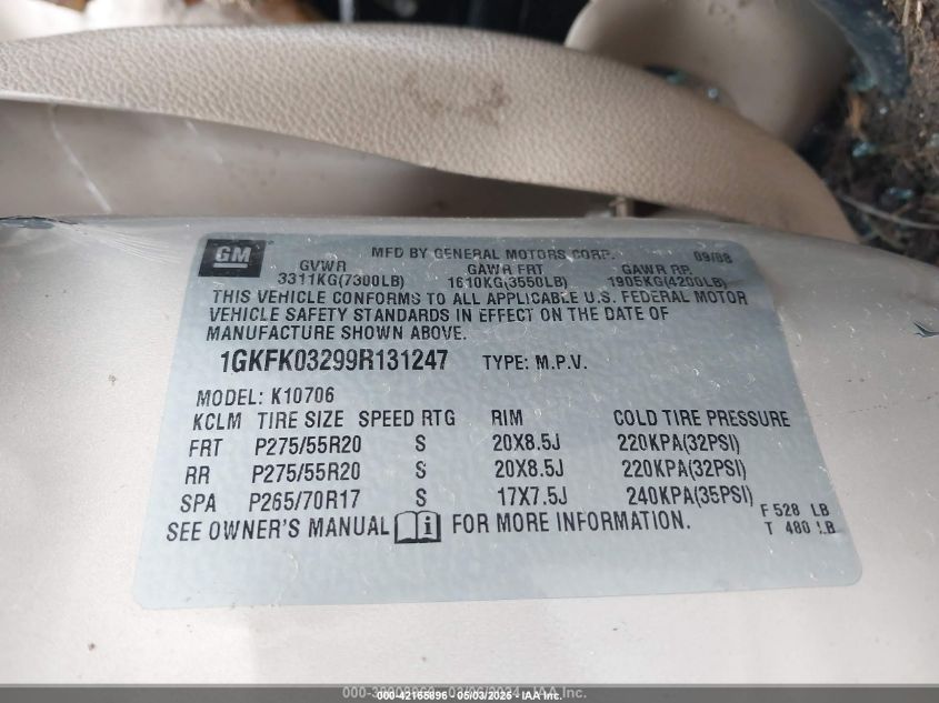 2009 GMC Yukon Denali VIN: 1GKFK03299R131247 Lot: 42165896