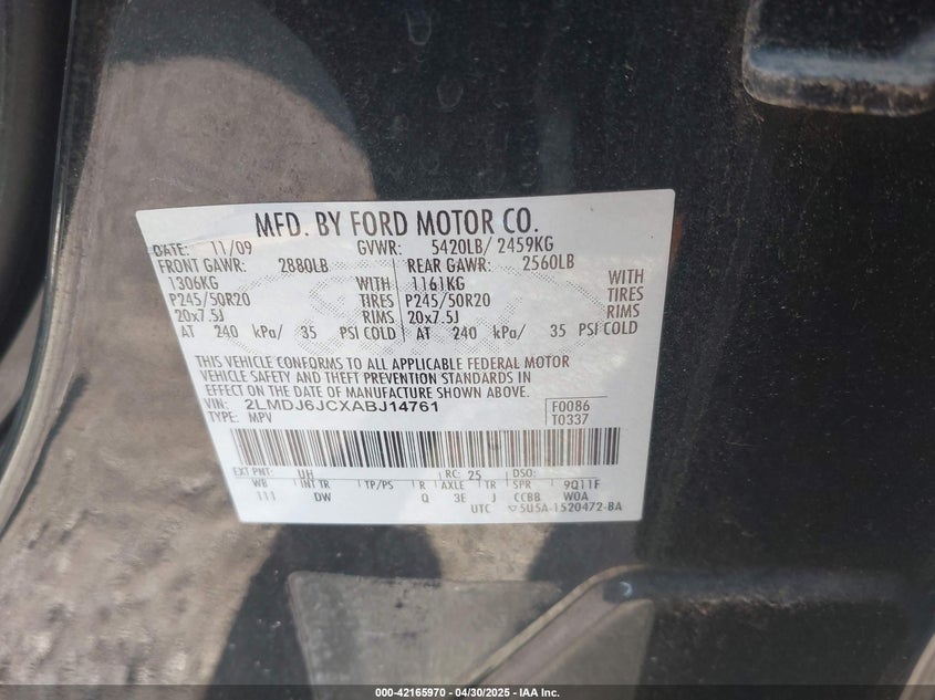 2010 Lincoln Mkx VIN: 2LMDJ6JCXABJ14761 Lot: 42165970