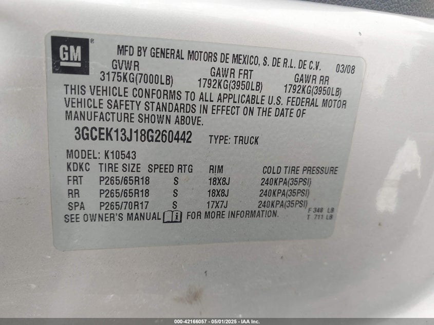 2008 CHEVROLET SILVERADO 1500 VIN: 3GCEK13J18G260442