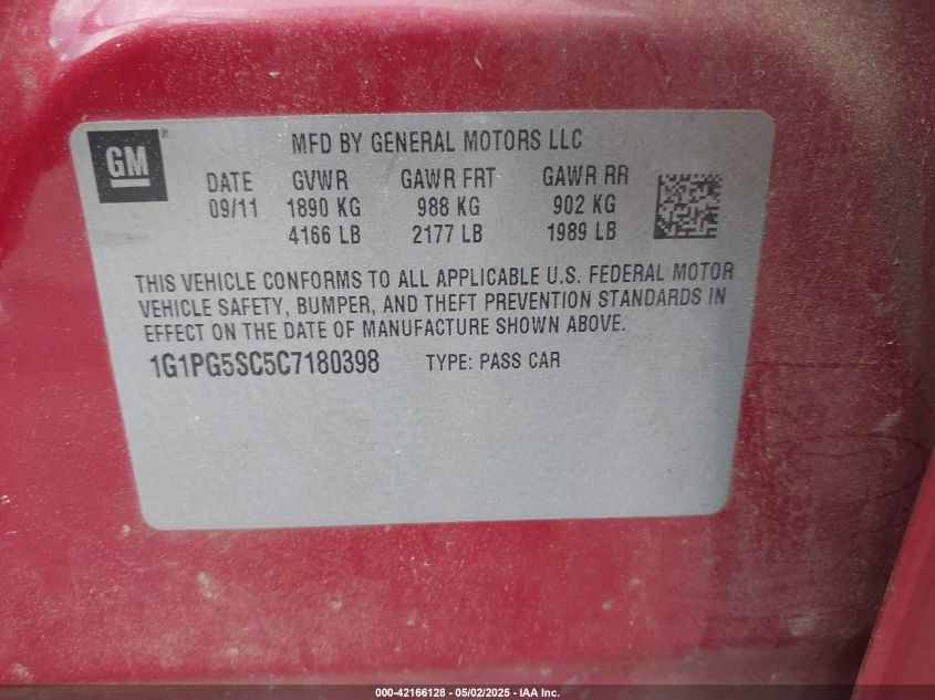 2012 Chevrolet Cruze VIN: 1G1PG55C5C7180398 Lot: 42166128