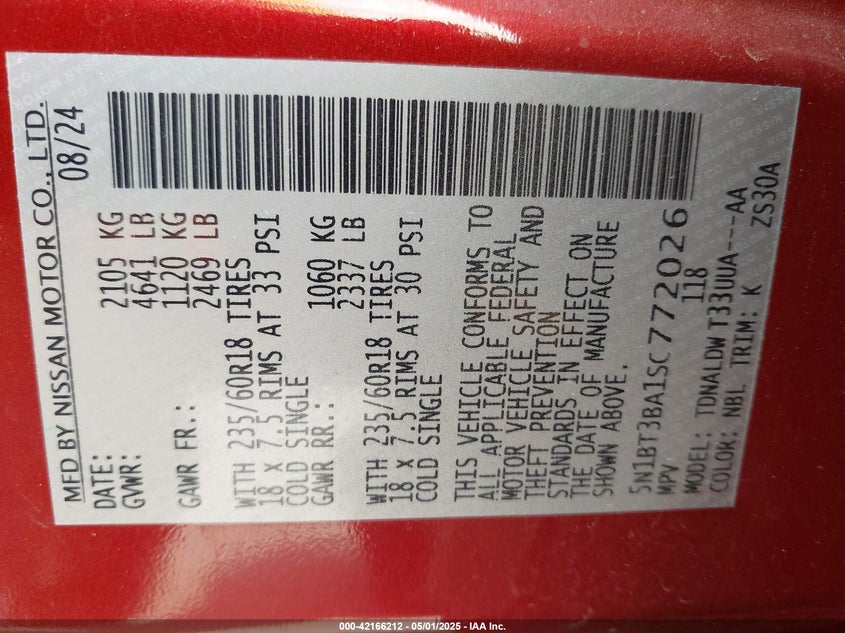 2025 NISSAN ROGUE VIN: 5N1BT3BA1SC772026