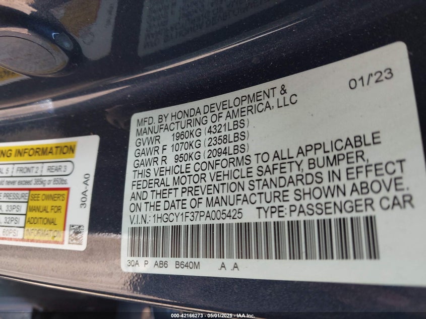 2023 HONDA ACCORD VIN: 1HGCY1F37PA005425