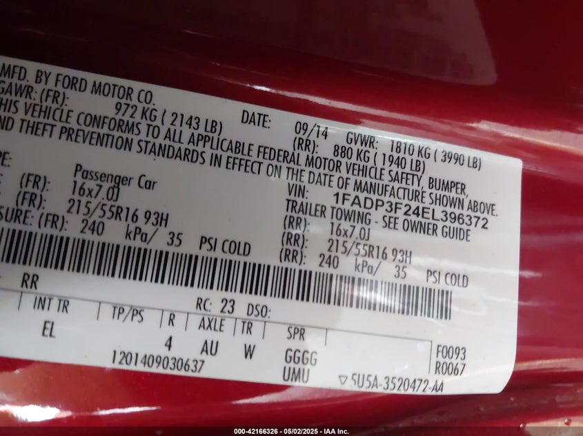 2014 FORD FOCUS VIN: 1FADP3F24EL396372
