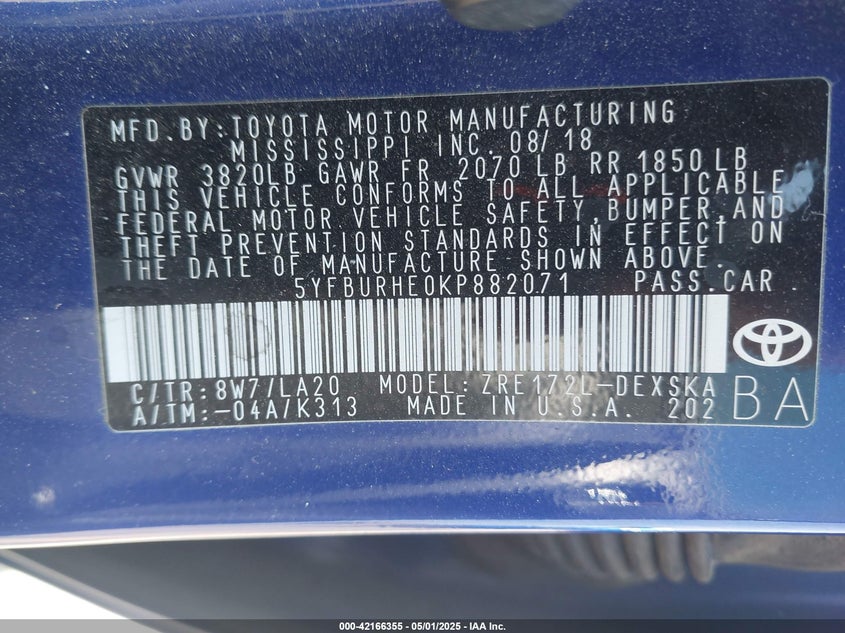 2019 TOYOTA COROLLA VIN: 5YFBURHE0KP882071