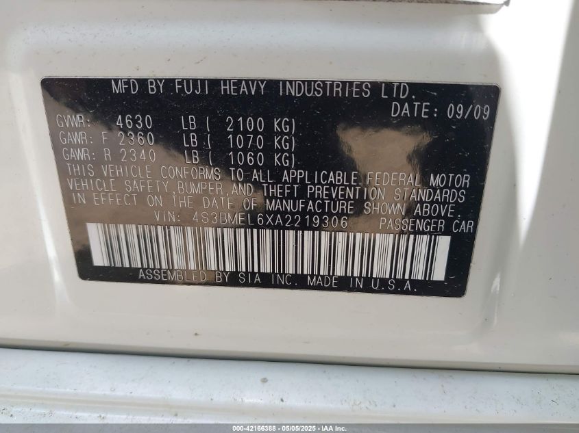 2010 Subaru Legacy 3.6R Limited VIN: 4S3BMEL6XA2219306 Lot: 42166388