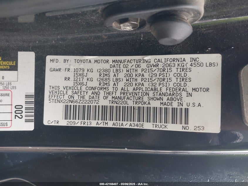 2006 TOYOTA TACOMA VIN: 5TENX22N66Z222072