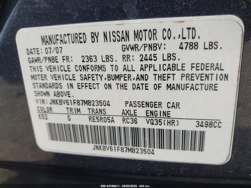 2007 INFINITI G35X VIN: JNKBV61F87M823504