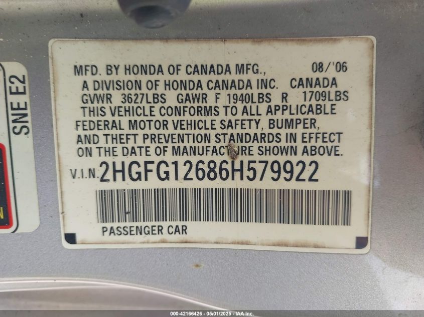 2006 Honda Civic Lx VIN: 2HGFG12686H579922 Lot: 42166426