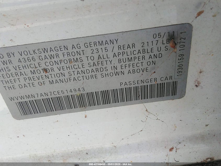 2012 VOLKSWAGEN CC VIN: WVWMN7AN7CE514943