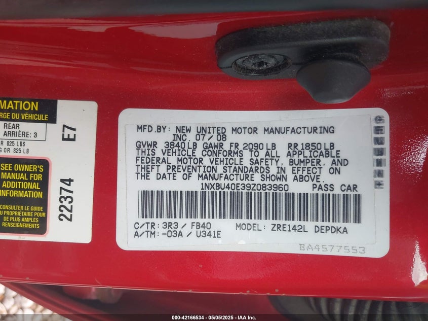 2009 TOYOTA COROLLA VIN: 1NXBU40E39Z083960