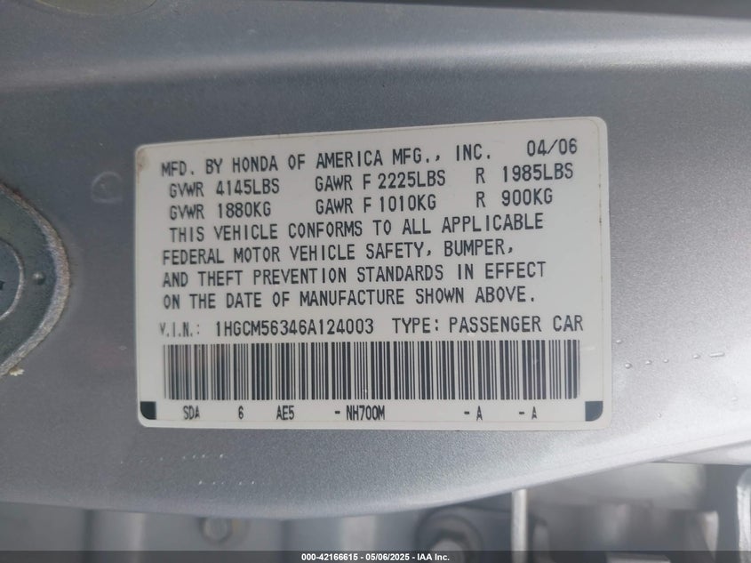 2006 HONDA ACCORD VIN: 1HGCM56346A124003