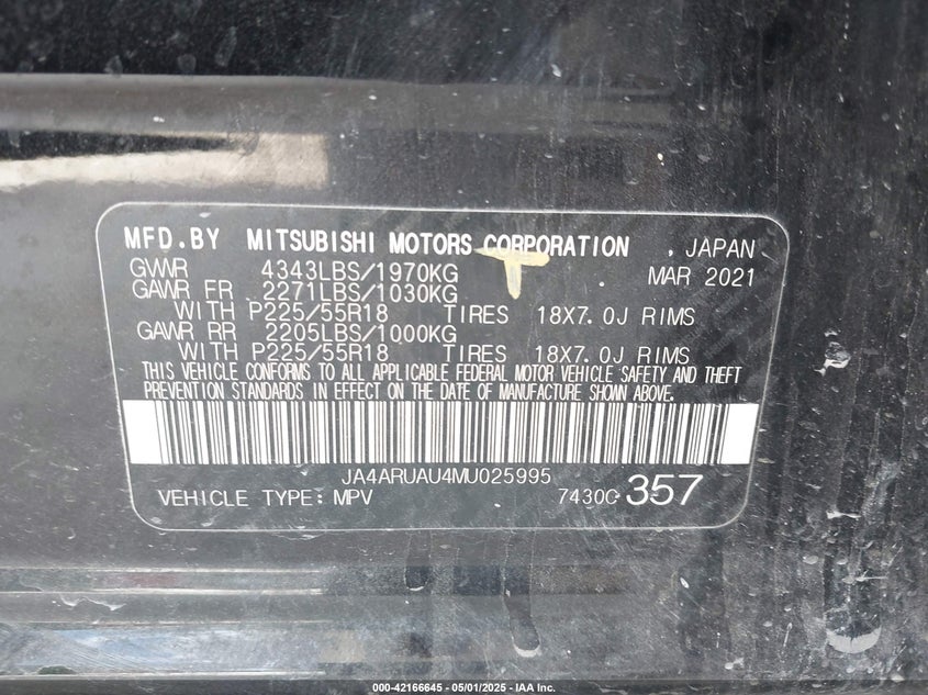 2021 MITSUBISHI OUTLANDER SPORT VIN: JA4ARUAU4MU025995