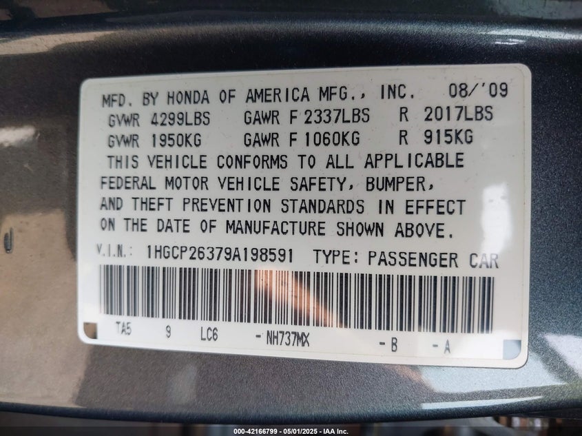 2009 HONDA ACCORD VIN: 1HGCP26379A198591