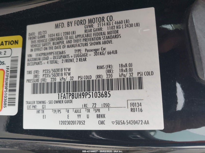 2023 FORD MUSTANG VIN: 1FATP8UH9P5103685