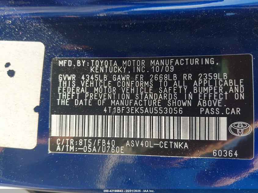 2010 TOYOTA CAMRY VIN: 4T1BF3EK5AU553056