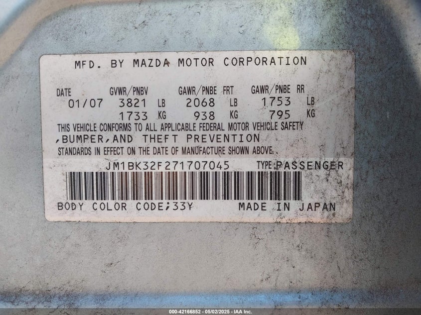 2007 MAZDA MAZDA3 VIN: JM1BK32F271707045
